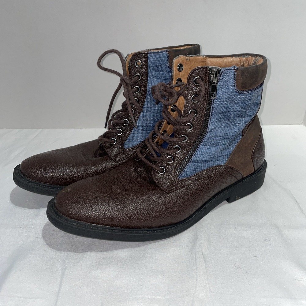 Guess Jadon Mens Brown Pebbled Boots Blue Denim Panels Side Zip GNJADON-R Size 9